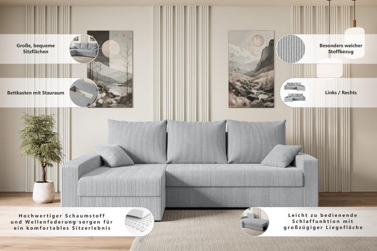 ECKSOFA mit Schlaffunktion und Bettkasten ALESIA-L 231x140x90 cm Hellbraun Velours - Hellbraun/Silberfarben, Holzwerkstoff/Kunststoff (231/140cm) - ALTDECOR