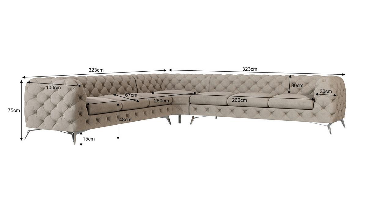 ECKSOFA Chesterfield Laura Dunkle Creme Samt - Silberfarben/Creme, Holz/Textil (323/323cm) - S-Style Möbel