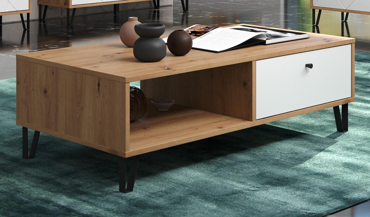 COUCHTISCH weiß matt, Eiche Artisan 110 cm, Beistelltisch mit 2 x Schubkasten - Eichefarben/Schwarz, Holzwerkstoff/Kunststoff (60/110/37cm) - Top.Furn