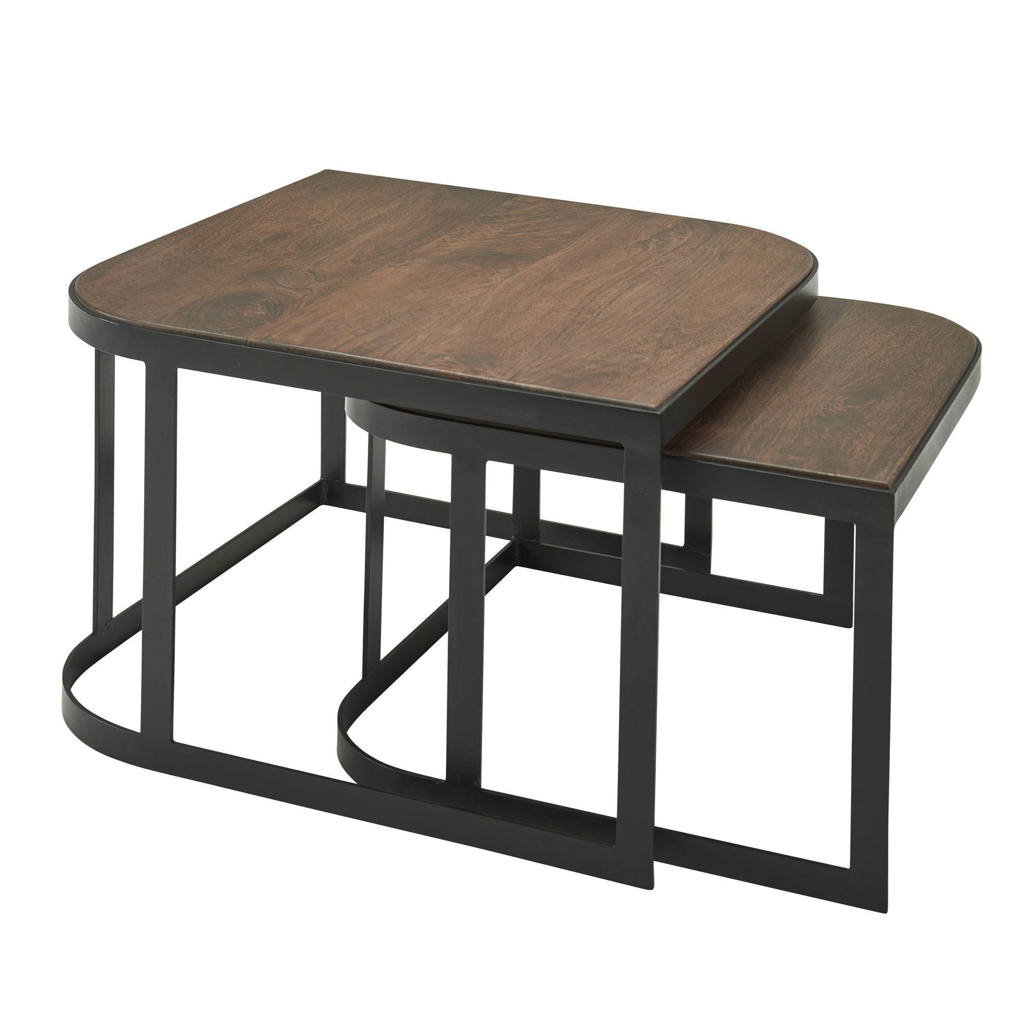 COUCHTISCH 2er Set Mango Massivholz Metall Rund Industrial Hell, Dunkelbraun 60x60x40 cm - Dunkelbraun/Schwarz, Holz/Metall (60/60/40cm) - KADIMA DESIGN