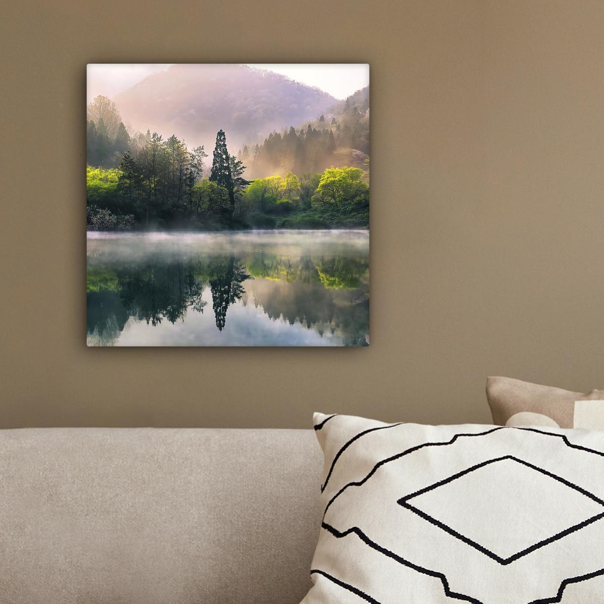 LEINWANDBILD Natur - Bäume - Berge - See - Wasser Deko Wohnzimmer 20x20 cm - Hellgrün, Textil (20/20cm) - MuchoWow