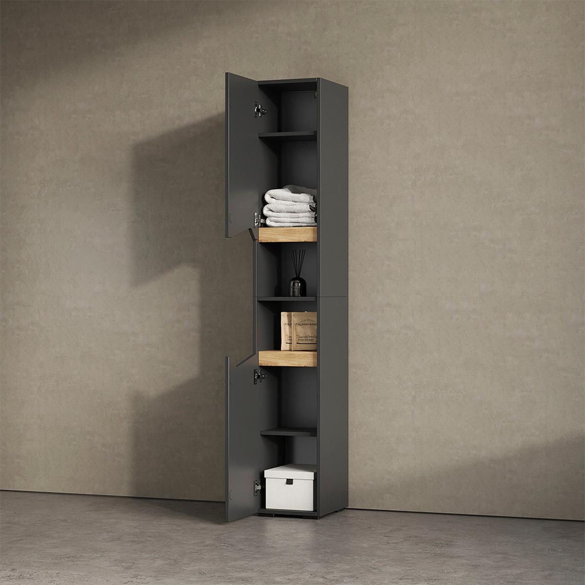 BADSCHRANK Timavo Anthrazit 30 x 180 cm mit Türen, und offenen Fächern - Anthrazit, Holzwerkstoff (30/180/35cm) - Livinity®