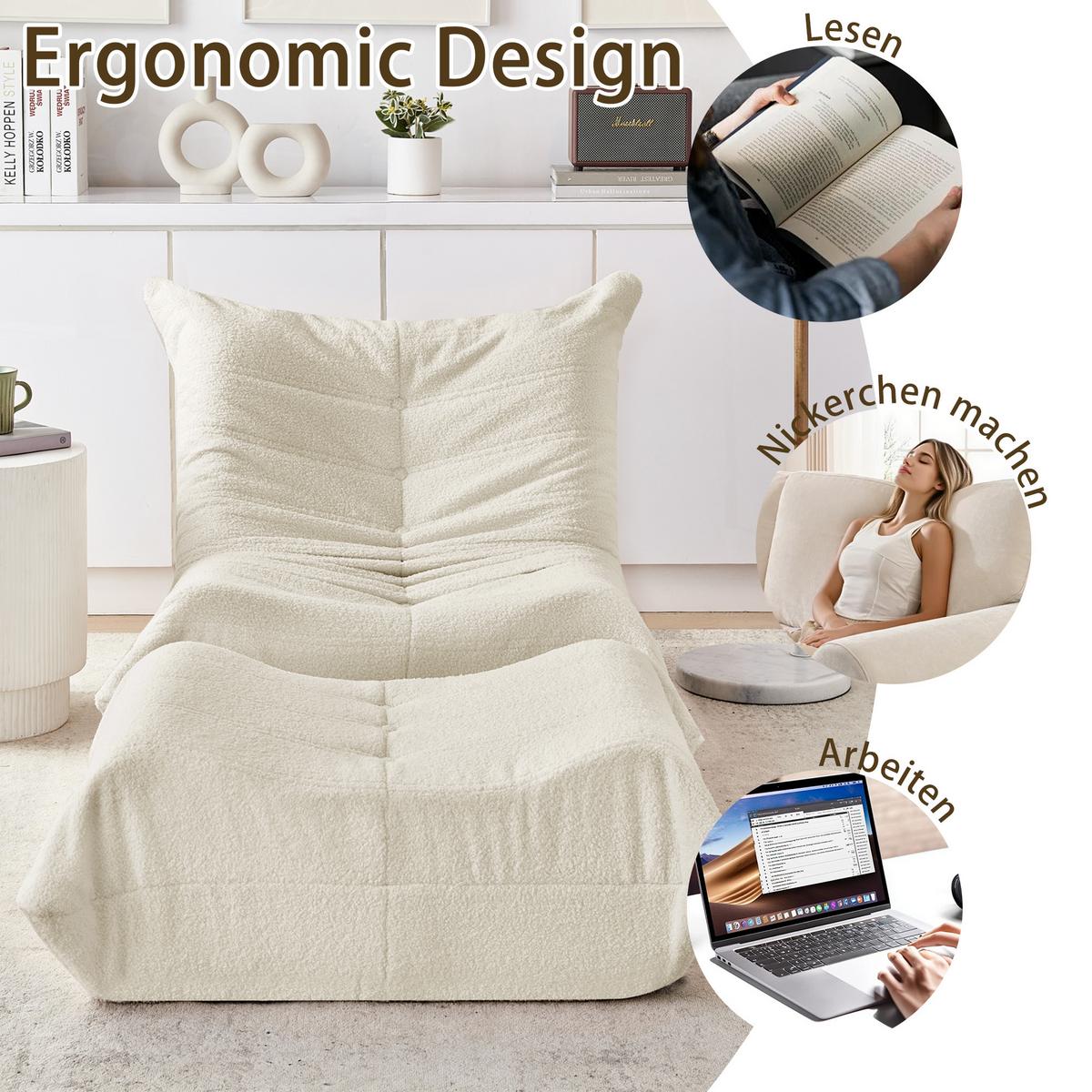 LAZY SOFA Teddyfell Optik mit Hocker weich & ergonomisch - Beige, Textil (100/70/90cm) - Urban Meuble