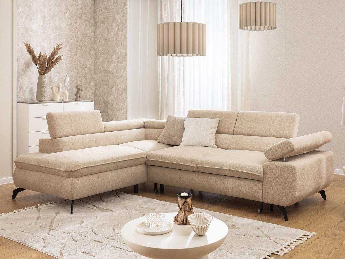 ECKSOFA mit Schlaffunktion und Bettkasten Bonnie aus Taupe Chenille-Stoff mit verstellbaren Kopfstützen und Armlehne - Ottomane links - Taupe/Schwarz, Holz/Textil (275/210cm) - S-Style