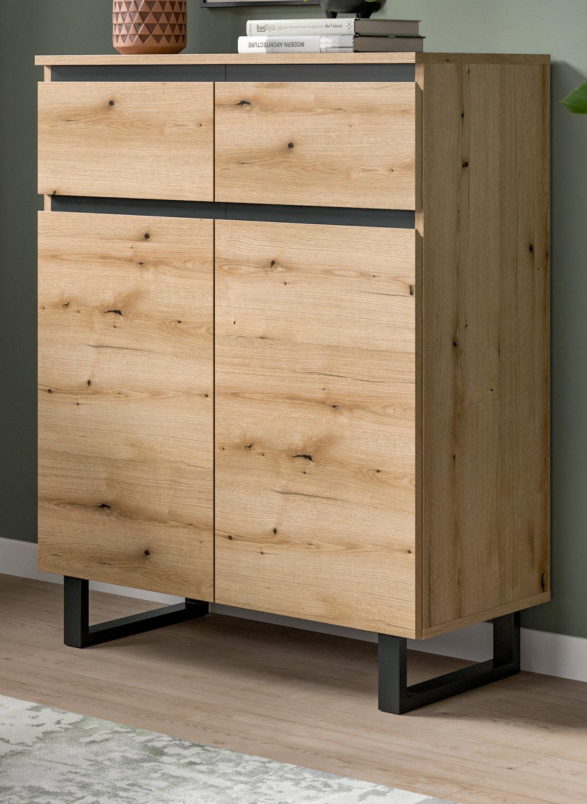 KOMMODE Evoke Eiche, schwarz, Highboard 80 x 99 cm mit Vollauszug und Soft-Close - Eichefarben/Schwarz, Holzwerkstoff/Metall (80/99/36cm) - Inn.Furn