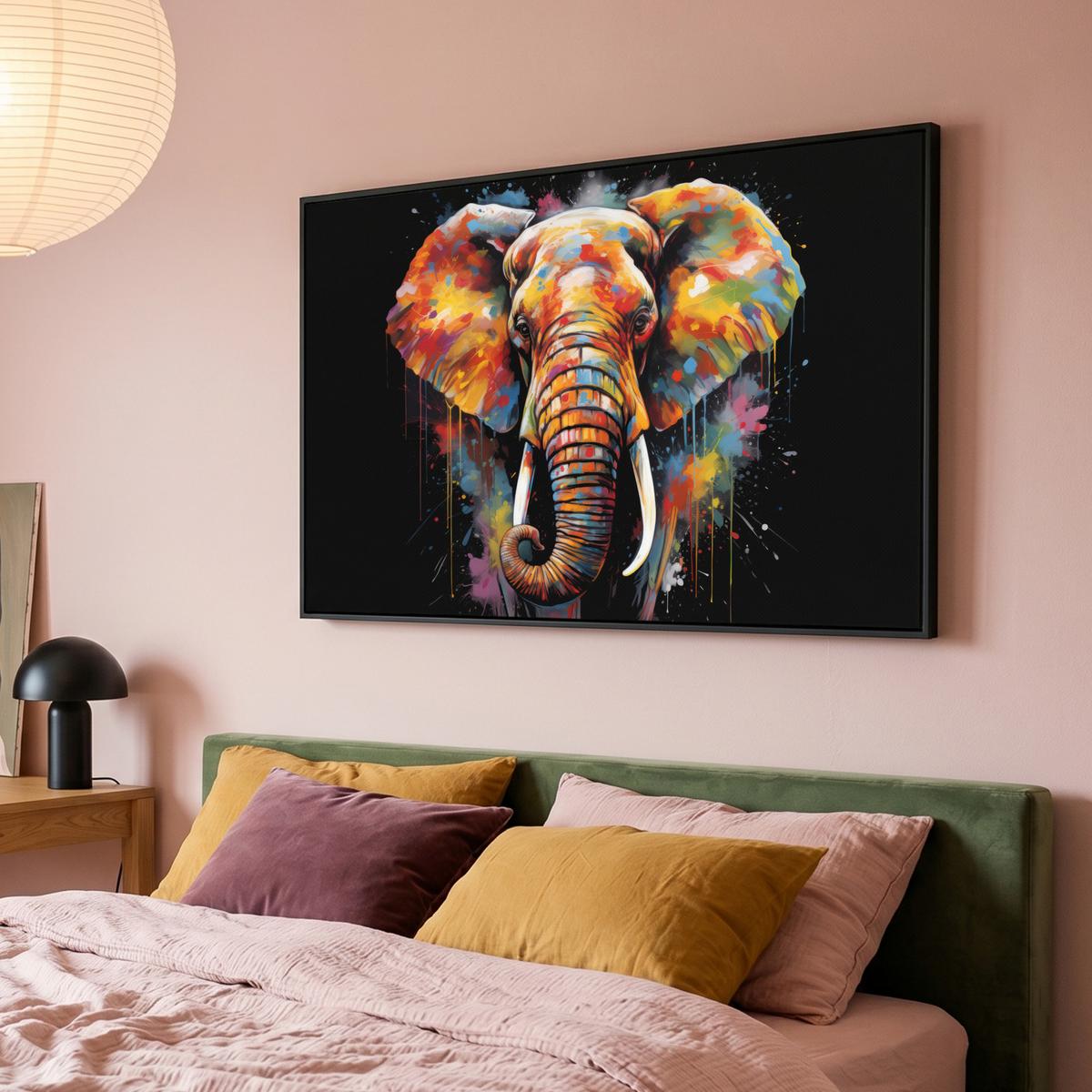 LEINWAND Bilder mit Rahmen - Elefant - Graffiti - Schwarz - Tiere - Farben - 120x80 - Schwarz, Textil (120/80cm) - MuchoWow