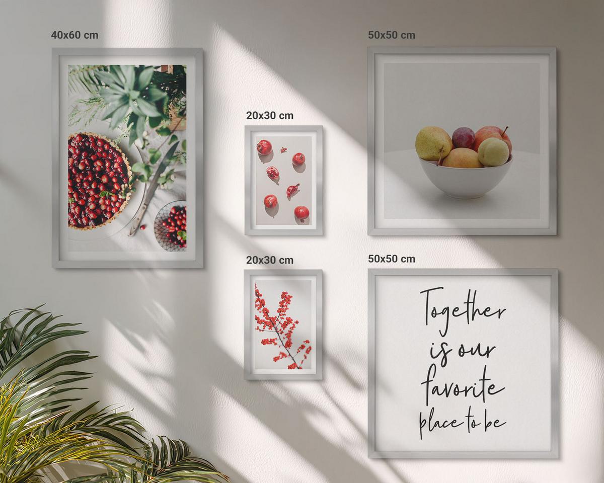 BILDER SET 5er Set - 50x50 cm & 20x30 cm & 40x60 cm Silberner Rahmen - Minimalismus der roten Früchte von Pflanzen - Silberfarben, Kunststoff (40/60cm) - TULUP