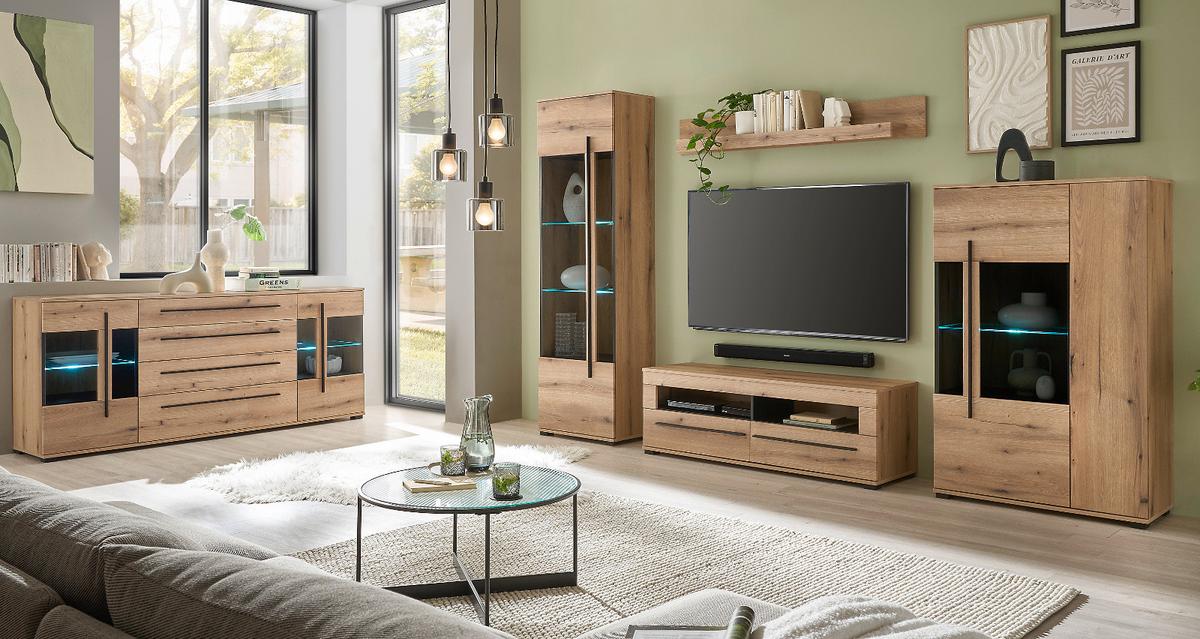 SIDEBOARD Eiche Evoke, Kommode 200 cm mit Soft-Close - Eichefarben/Schwarz, Glas/Holzwerkstoff (200/86/42cm) - Furn.Design