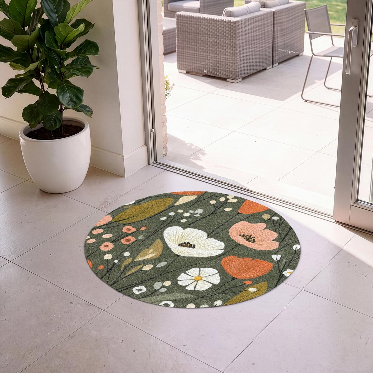 FUSSMATTE Blumen - Illustration - Grün Flurteppich 90x90 cm - Dunkelgrün, Kunststoff (90/0.4cm) - MuchoWow