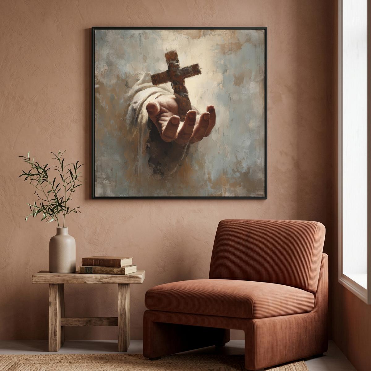 LEINWAND Bilder mit Rahmen - Abstrakt - Kreuz - Hand - Christentum - 90x90 - Hellbraun, Textil (90/90cm) - MuchoWow