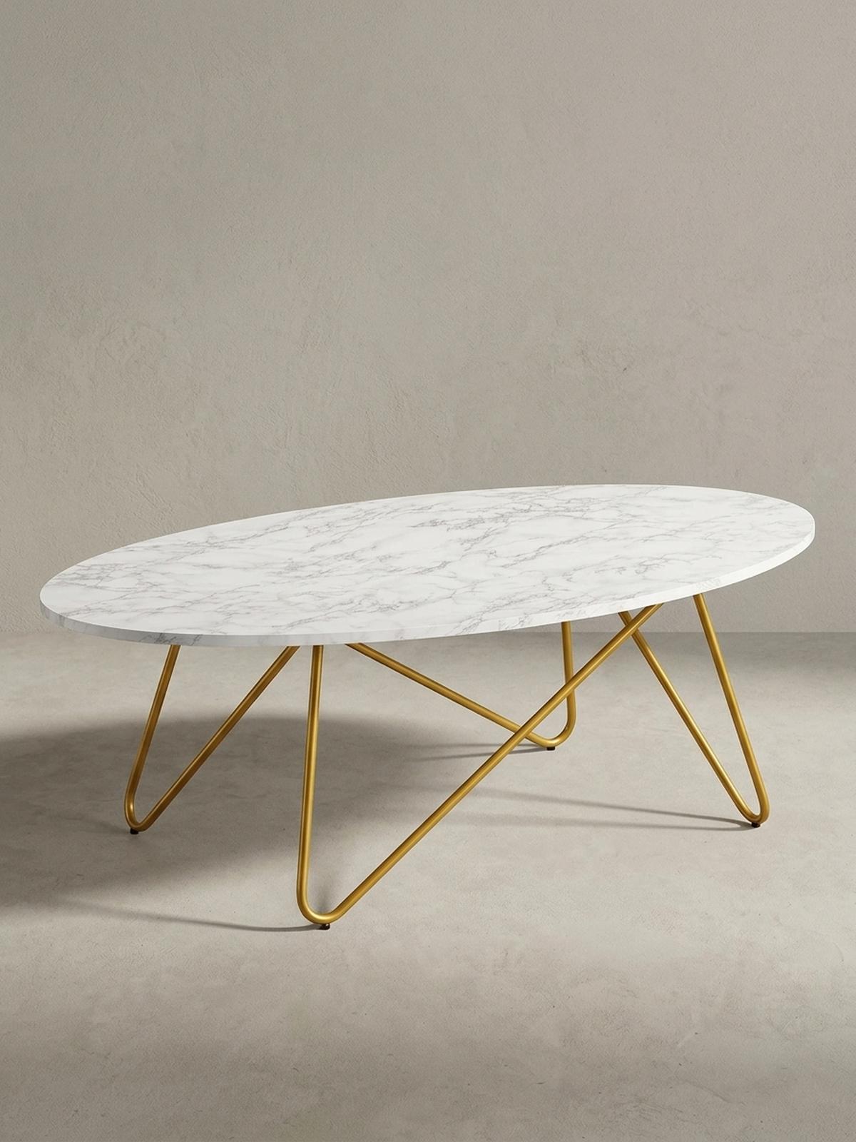 COUCHTISCH Oval in Marmor-Optik mit goldfarbenem Gestell, Maße 120x40x60 cm - Goldfarben/Weiß, Holz/Metall (60/120/40cm) - KADIMA DESIGN