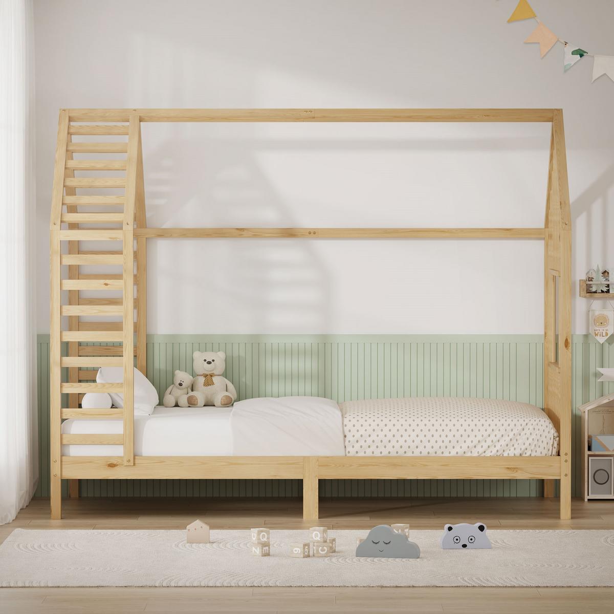 KINDERBETT 90x200 cm mit Matratze Lattenrost & Dach Hausbett aus massivem Kiefernholz Natur - Naturfarben, Holz (90/200cm) - ML-DESIGN
