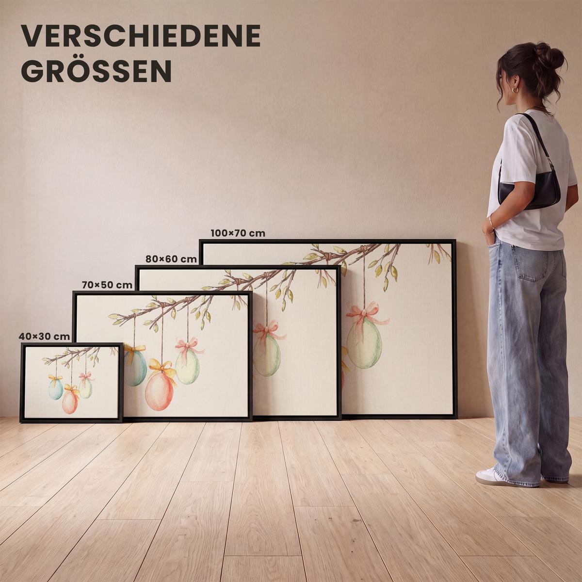LEINWAND Bilder mit Rahmen - Osterkuchen - Schleife - Eier - 100x70 - Creme, Textil (100/70cm) - MuchoWow