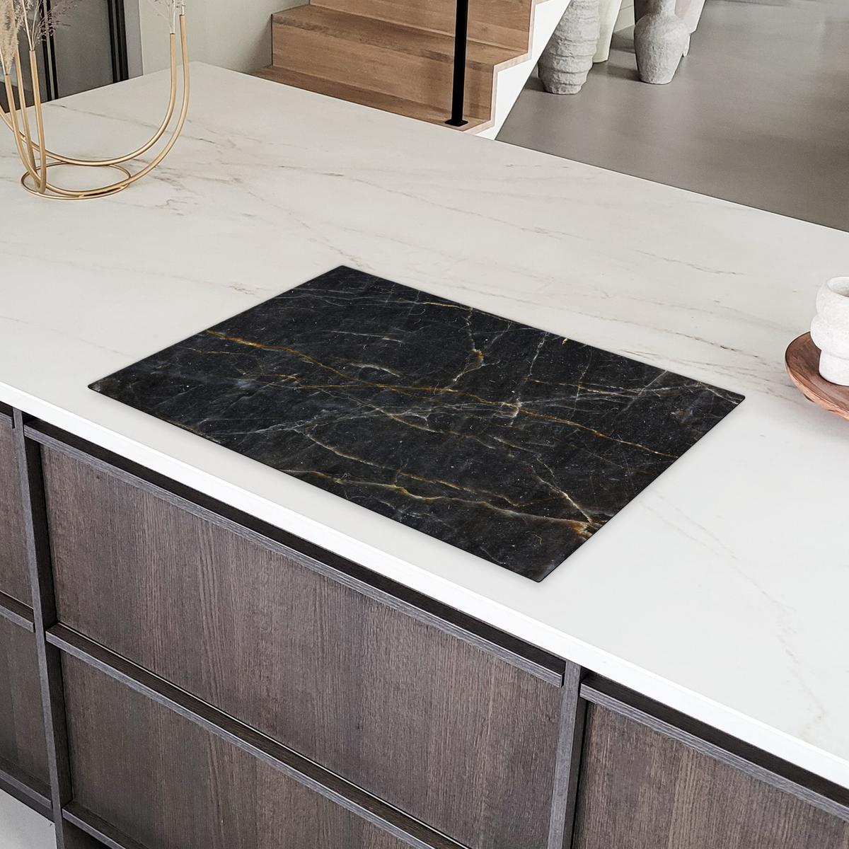 HERDABDECKPLATTE Marmor - Schwarz - Gold - Grau - Marmorstruktur Induktionsschutz 80x52.2 cm - Goldfarben, Kunststoff (80.2/52.2/0.2cm) - MuchoWow