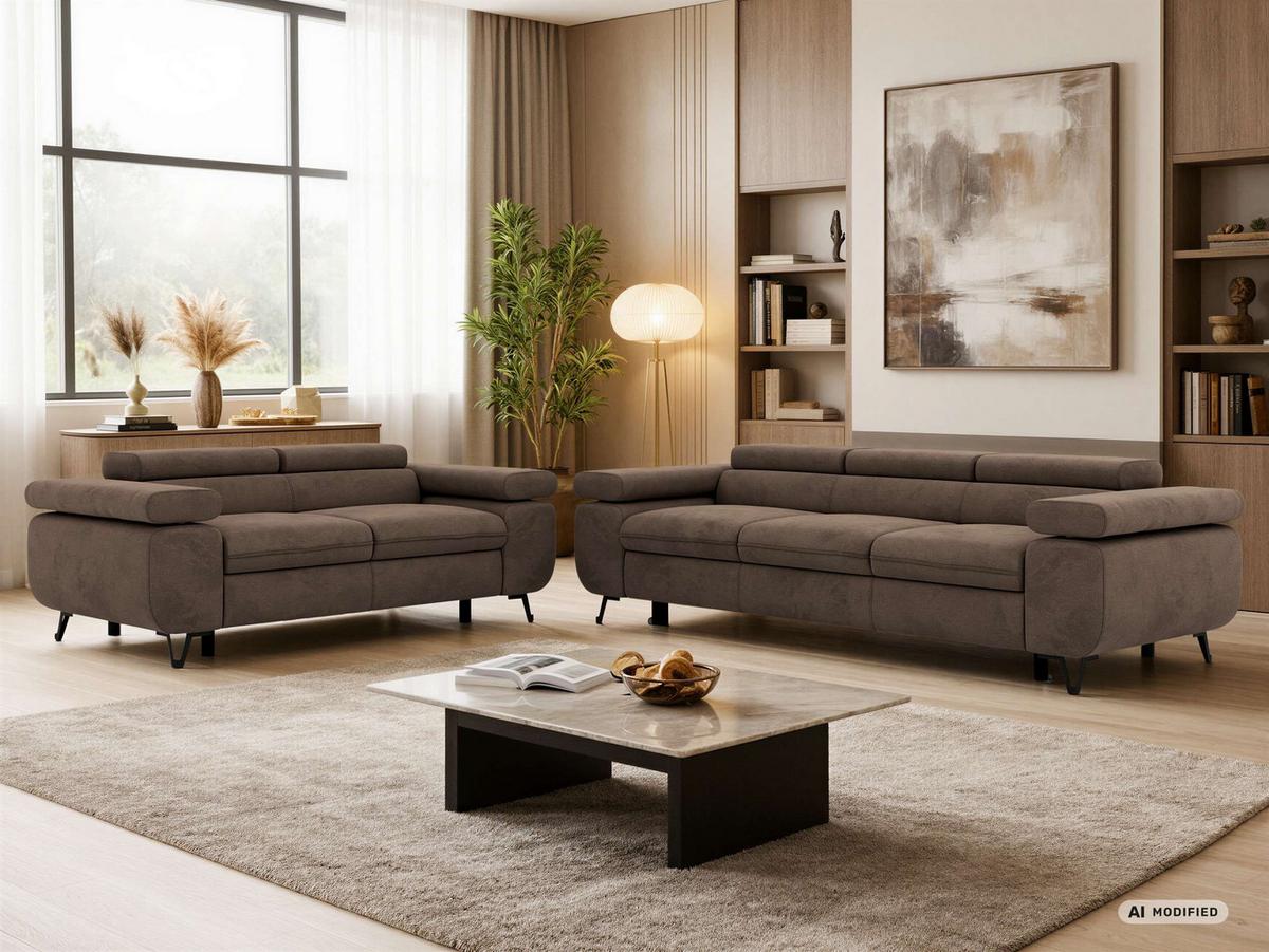 SITZGARNITUR PETERS 2+3 - Braun Velvet - Schwarz/Braun, Textil/Metall (262/76/99cm) - MKS