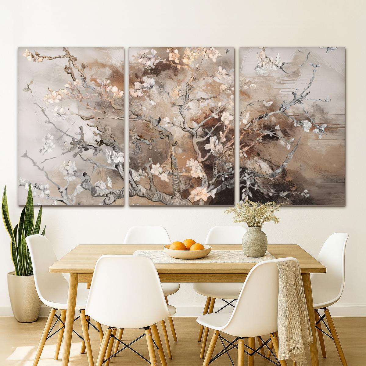 LEINWANDBILD 3er Set Mandelblüte - Abstrakt - Beige 240x120 cm - Beige, Textil (240/120cm) - MuchoWow
