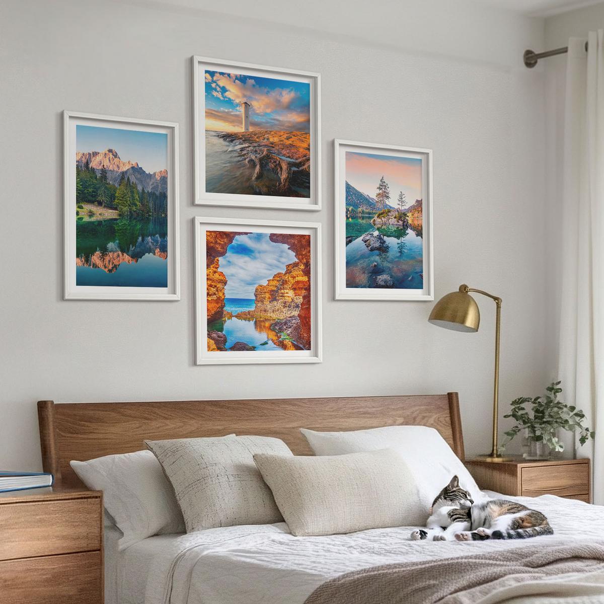 BILDER SET 4er Set - 50x50 cm & 40x60 cm Weißer Rahmen - Spiegelung der Felsen in Bergseen - Weiß, Kunststoff (50/50cm) - TULUP