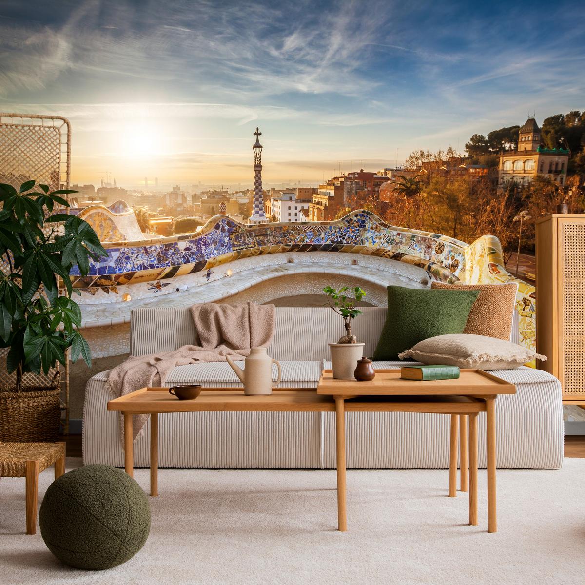 FOTOTAPETE für Wohnzimmer Sonnenaufgang Barcelona Denkmäler 300x210 - Gelb/Beige, Papier (300/210cm) - Muralo