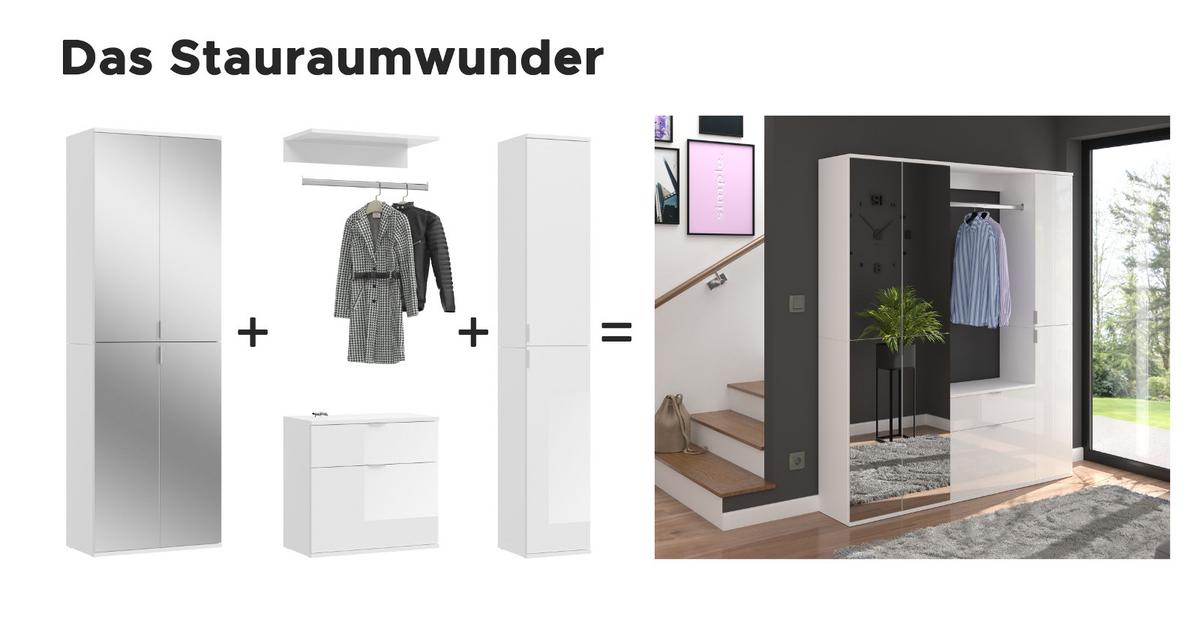 GARDEROBEN-SET weiß Hochglanz, Eiche 212 cm, Komplettset mit viel Stauraum - Chromfarben/Weiß Hochglanz, Holzwerkstoff/Kunststoff (212/193/34cm) - Inn.Furn