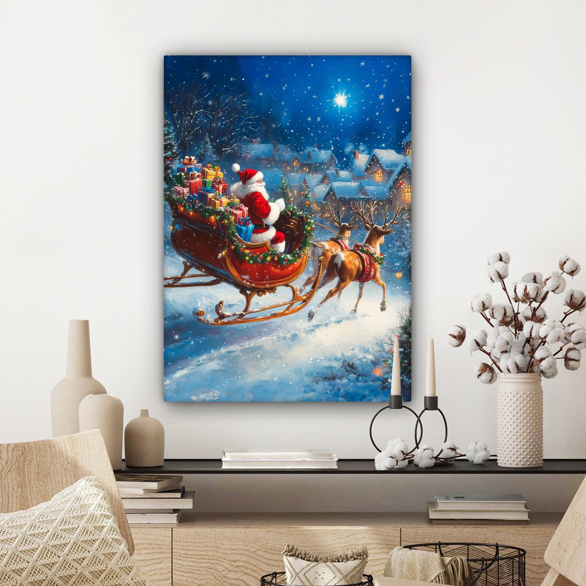 LEINWANDBILD Weihnachtsmann - Rentier - Weihnachten - Schnee Wandbild Wohnzimmer 60x80 cm - Cognac, Textil (60/80cm) - MuchoWow