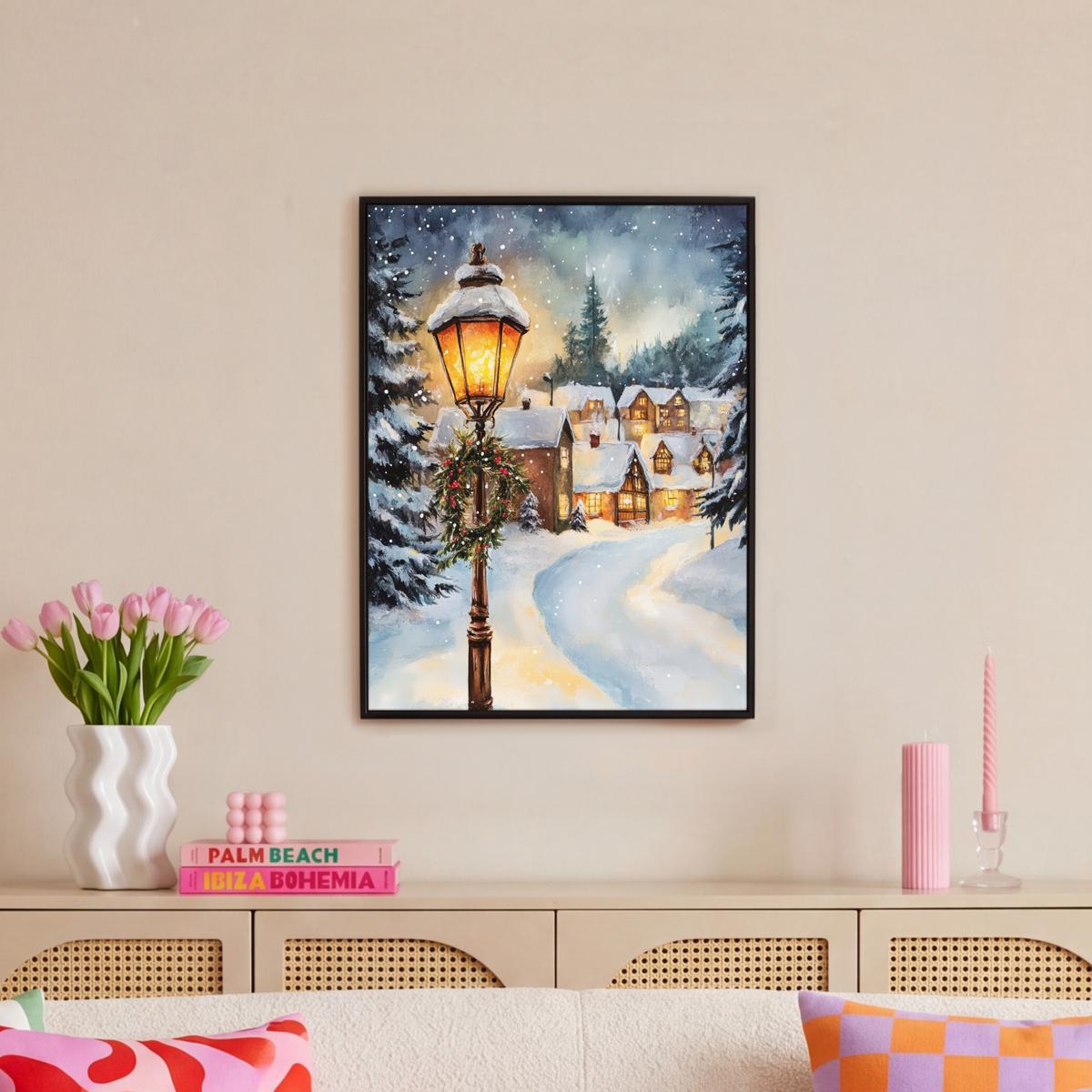 LEINWAND Bilder mit Rahmen - Weihnachtsdorf - Häuser - Schnee - Weihnachten - 50x70 - Sandfarben, Textil (50/70cm) - MuchoWow