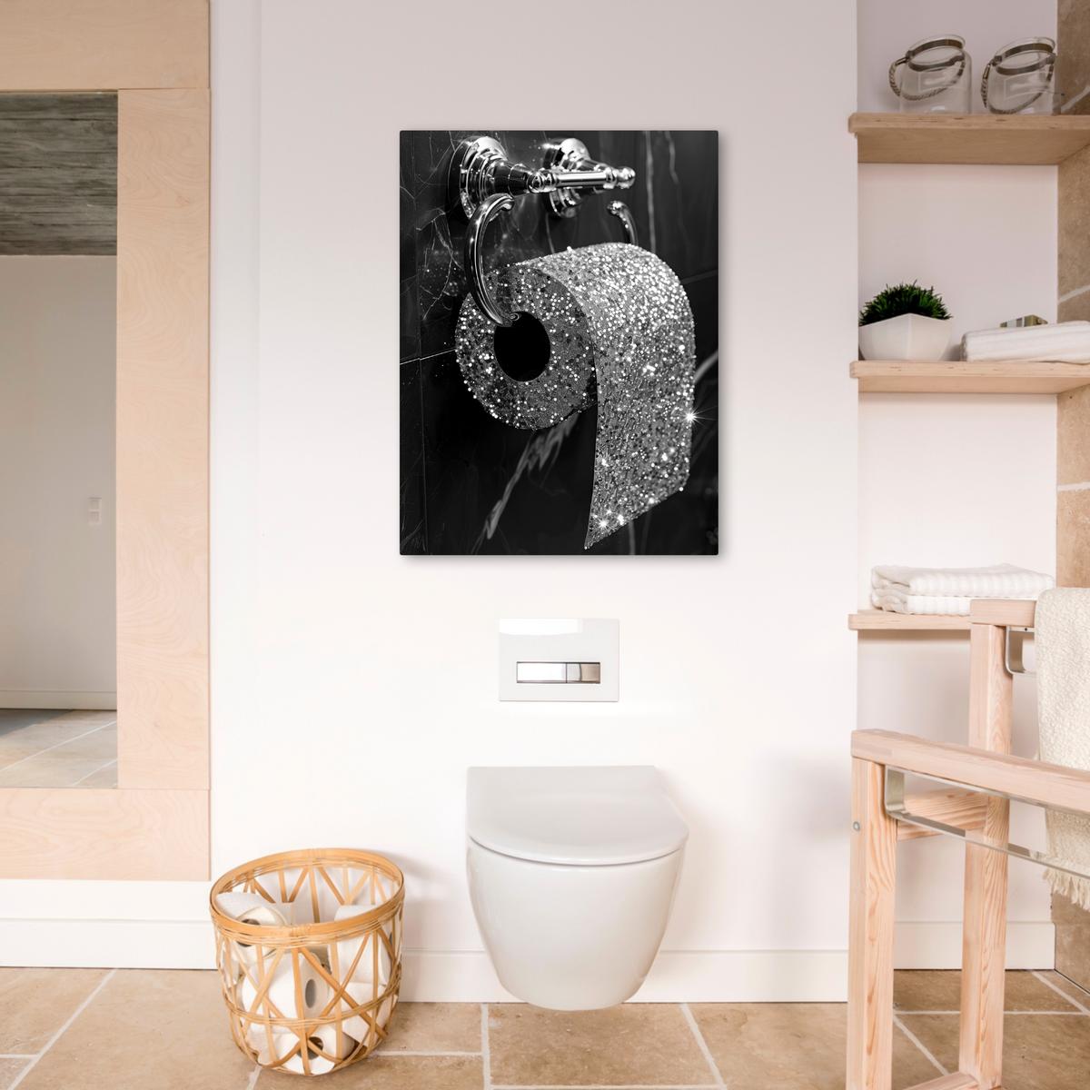 LEINWANDBILD WC - Toilettenpapier - Schwarz und weiß - Glitter Wandbild Wohnzimmer 50x70 cm - Silberfarben, Textil (50/70cm) - MuchoWow