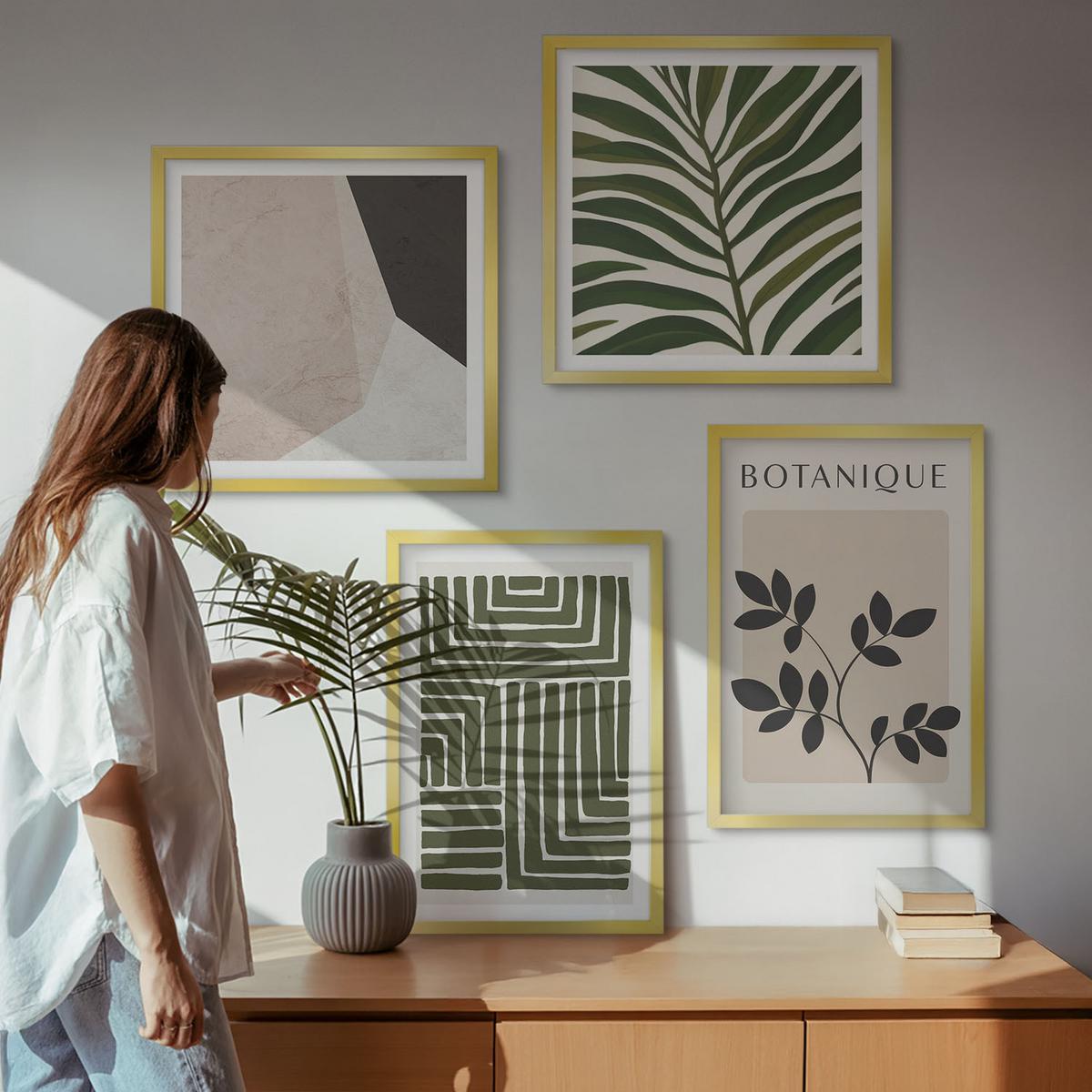 BILDER SET 4er Set - 50x50 cm & 40x60 cm Goldrahmen - Botanische Boho-Kompositionen - Goldfarben, Kunststoff (50/50cm) - TULUP