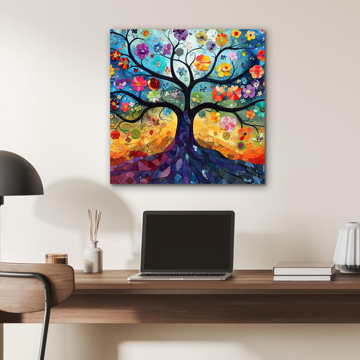 METALLBILD Kunst - Baum des Lebens - Blumen - Hippie 50x50 cm - Dunkelblau, Metall (50/50cm) - MuchoWow