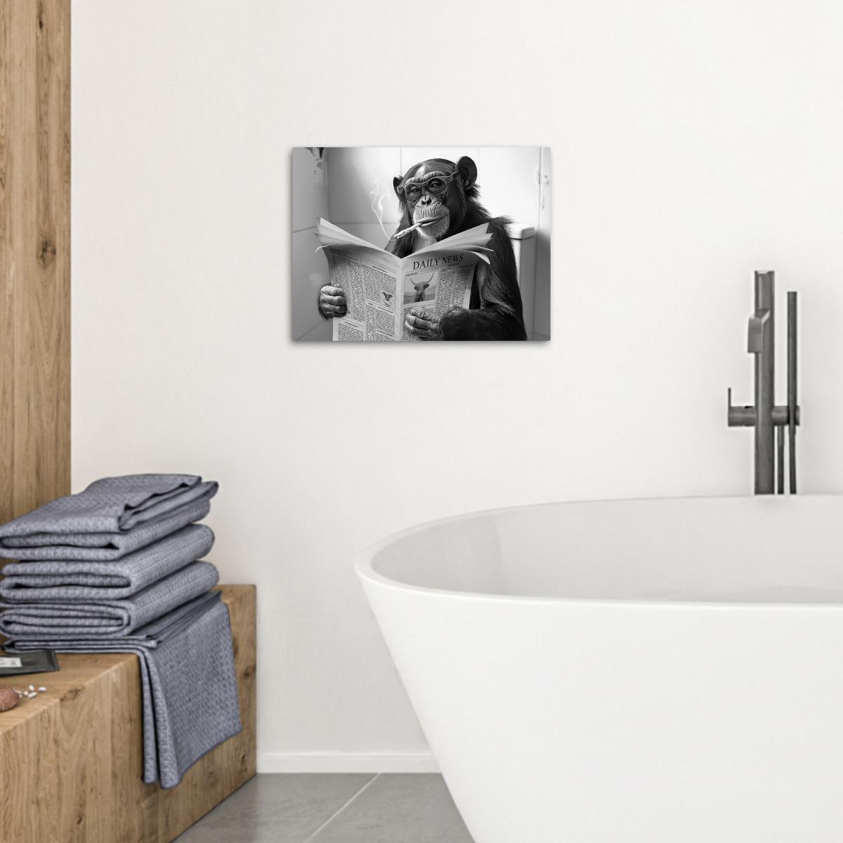 LEINWANDBILD Affe - WC - Zeitung - Schwarz-Weiß - Humor Wandbild 40x30 cm - Hellgrau, Textil (40/30cm) - MuchoWow