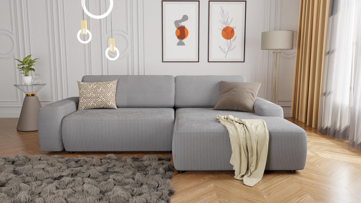 ECKSOFA Nancy Hellgrau Cord - Hellgrau/Schwarz, Holz/Kunststoff (264/162cm) - S-Style Möbel