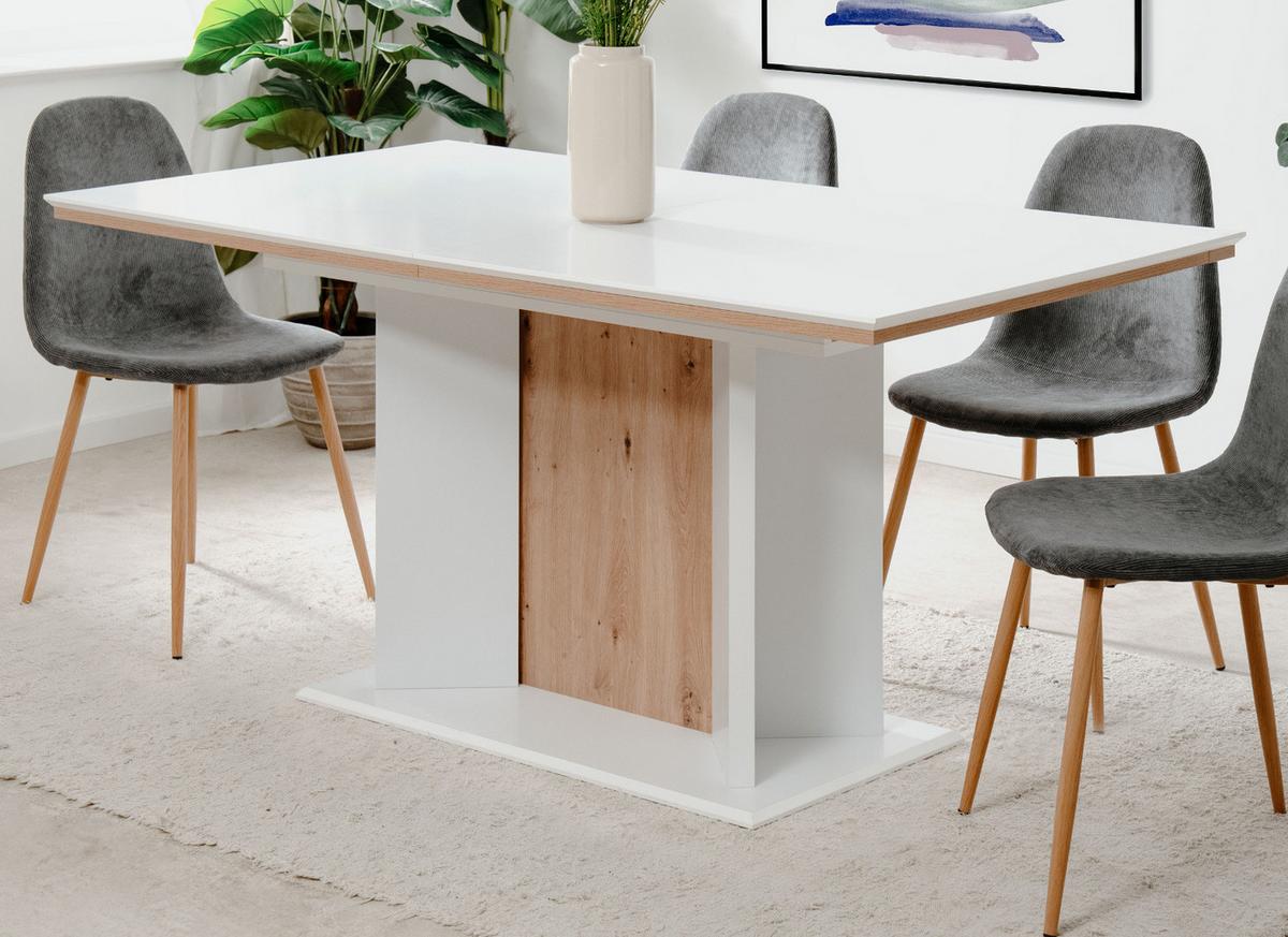 ESSTISCH weiß, Eiche Artisan, Säulentisch ausziehbar 160 - 200 x 90 cm - Weiß/Eiche Artisan, Holzwerkstoff (160/90/76cm) - Furn.Design