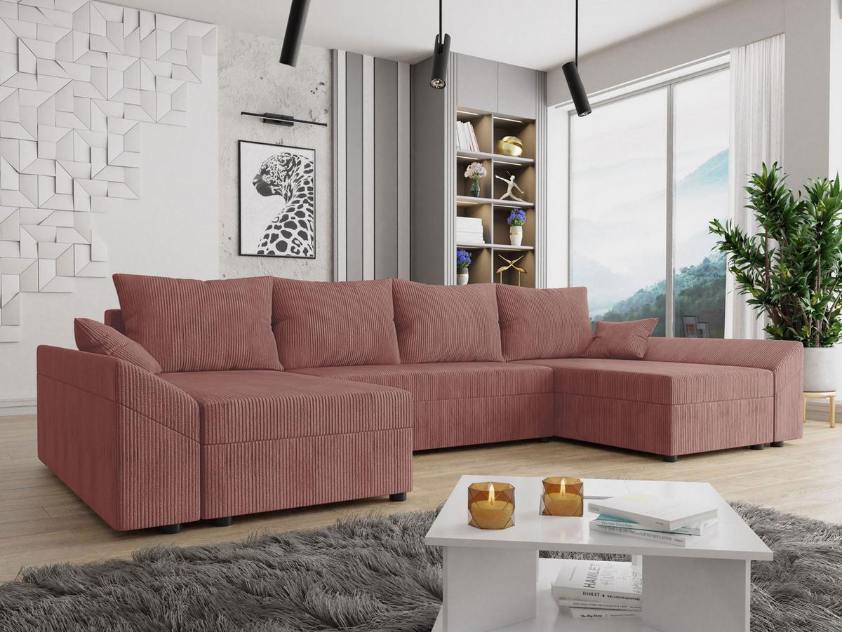WOHNLANDSCHAFT Dante U Cord - Schwarz/Rosa, Holz/Kunststoff (310/82/140cm) - MIRJAN24
