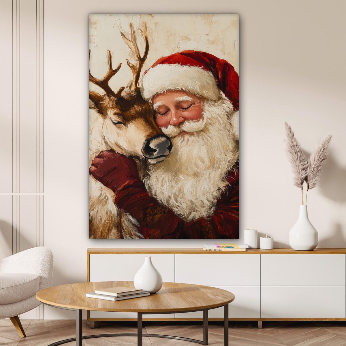 LEINWANDBILD Weihnachtsmann - Rentier - Weihnachten Deko Groß 90x140 cm - Rotbraun, Textil (90/140cm) - MuchoWow