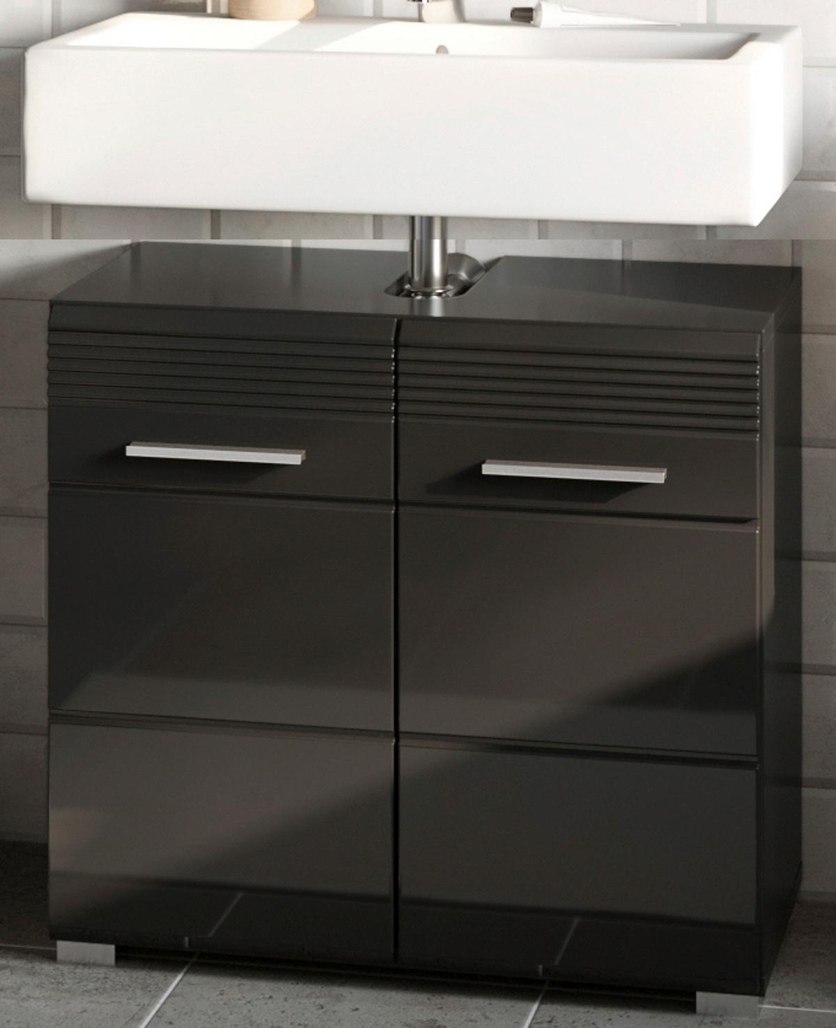 WASCHBECKENUNTERSCHRANK schwarz Hochglanz 60 cm, Badezimmer Unterschrank mit Stauraum - Schwarz Hochglanz/Silberfarben, Holzwerkstoff/Kunststoff (60/56/34cm) - Inn.Furn
