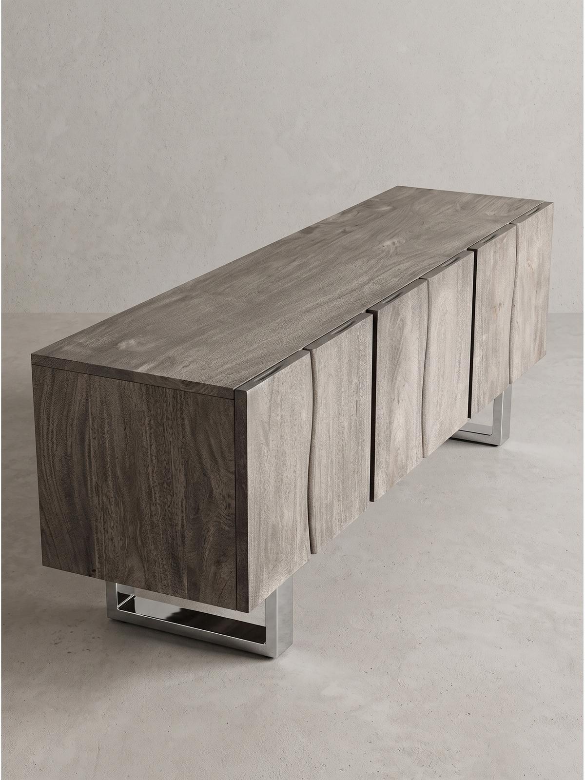 LOWBOARD GRIPSHOLM, Akazie Massivholz, handgefertigt, Akazie-Grau, 160 x 46 x 56 cm - Chromfarben/Grau, Holz/Metall (160/56/46cm) - KADIMA DESIGN