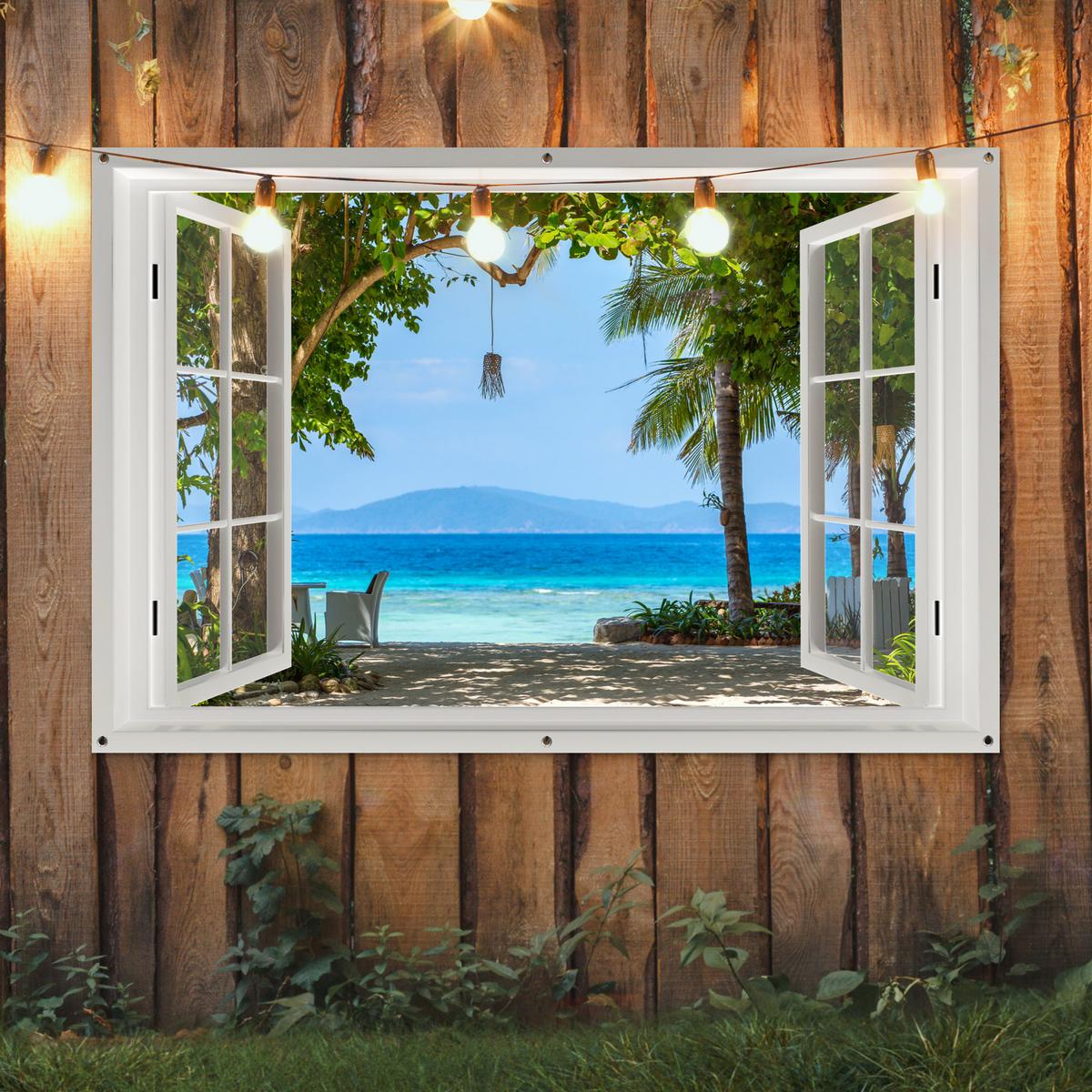 GARTENPOSTER Aussicht - Baum - Meer - Palme - Hügel - Strand - Blau Poster für draußen 180x120 cm - Weiß, Kunststoff (180/120/0.2cm) - OnlyWow