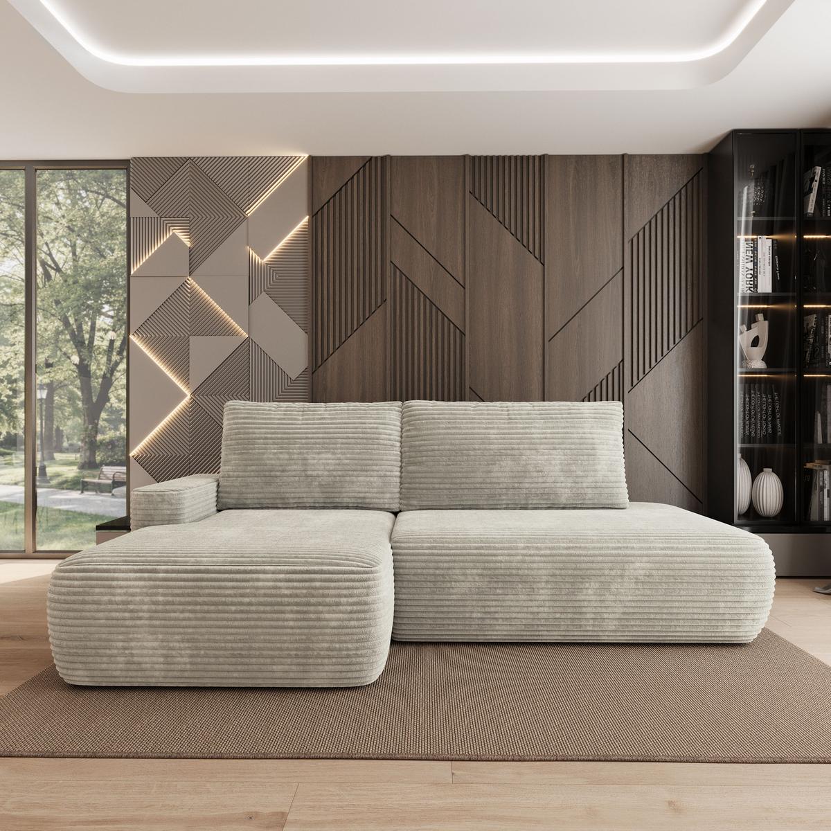 ECKSOFA AVINI T L-S Hellgrau Kordstoff mit Schlaffunktion - Hellgrau, Holzwerkstoff/Textil (277/160cm) - MASSENO