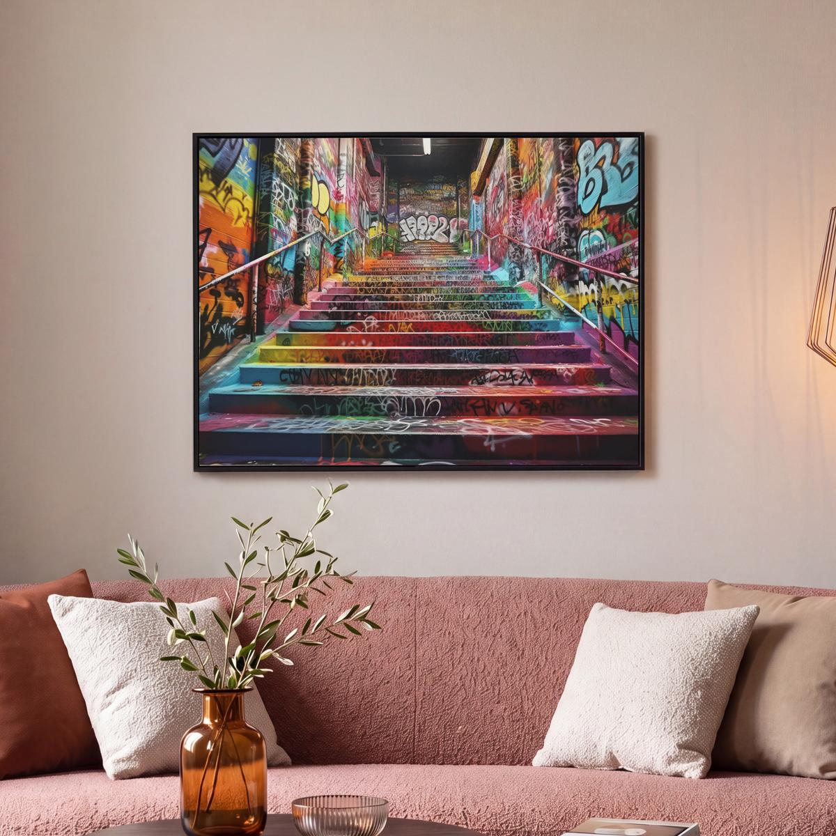 LEINWAND Bilder mit Rahmen - Treppe - Graffiti - Farben - Kunst - 80x60 - Multicolor, Textil (80/60cm) - MuchoWow