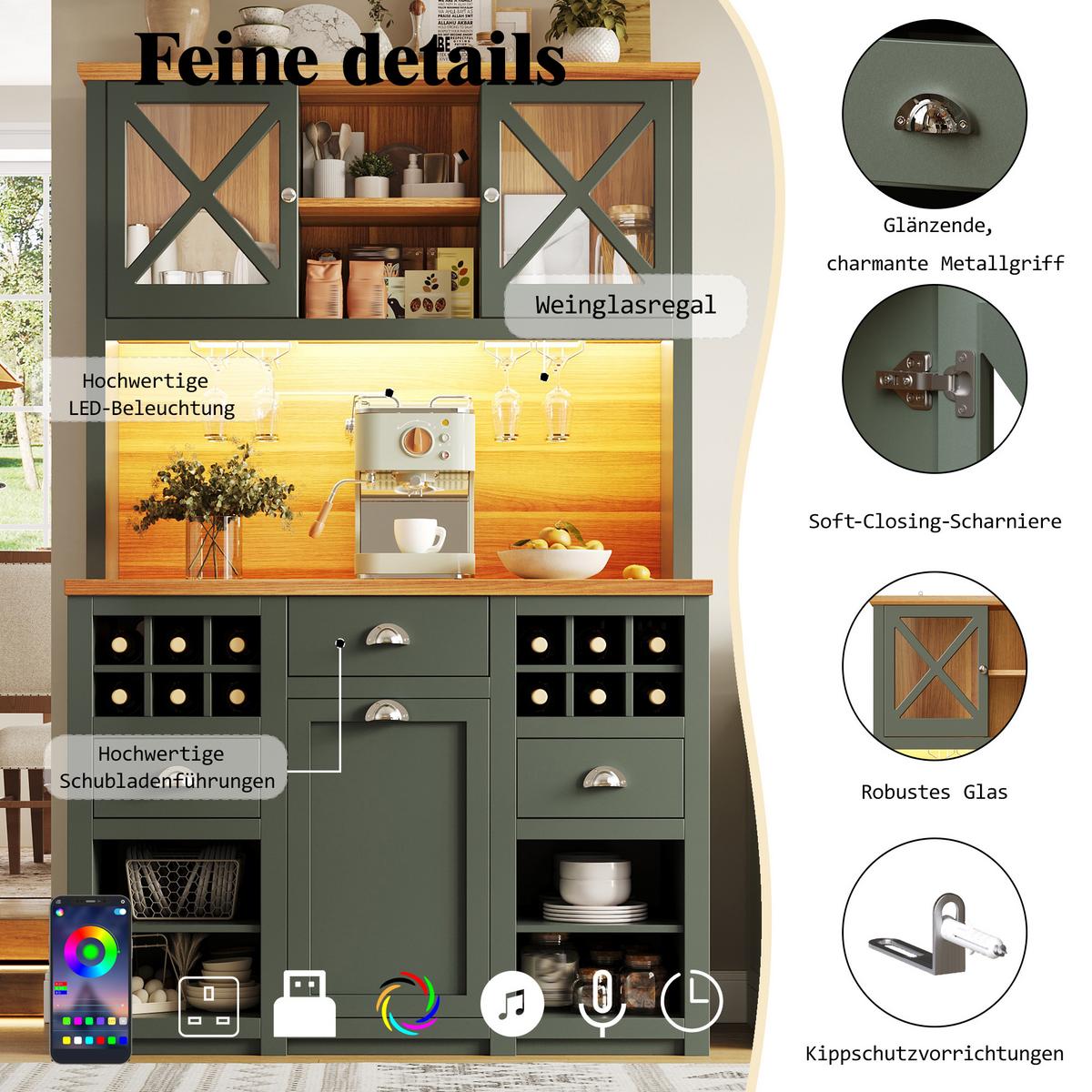 KÜCHENSCHRANK antik-grün & holz-optik mit led, usb-anschluss & weinregal - Waldgrün, Holzwerkstoff (120/188/45cm) - Urban Meuble