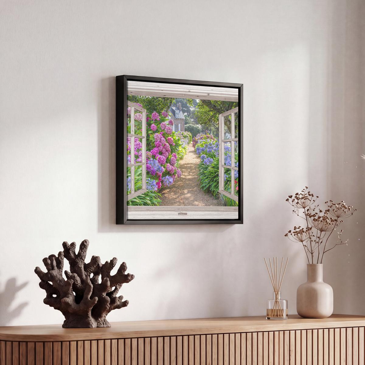 LEINWAND Bilder mit Rahmen - Hortensie - Durchsichtig - Blumen - Sommer - Lila - Weg - 20x20 - Lila, Textil (20/20cm) - MuchoWow