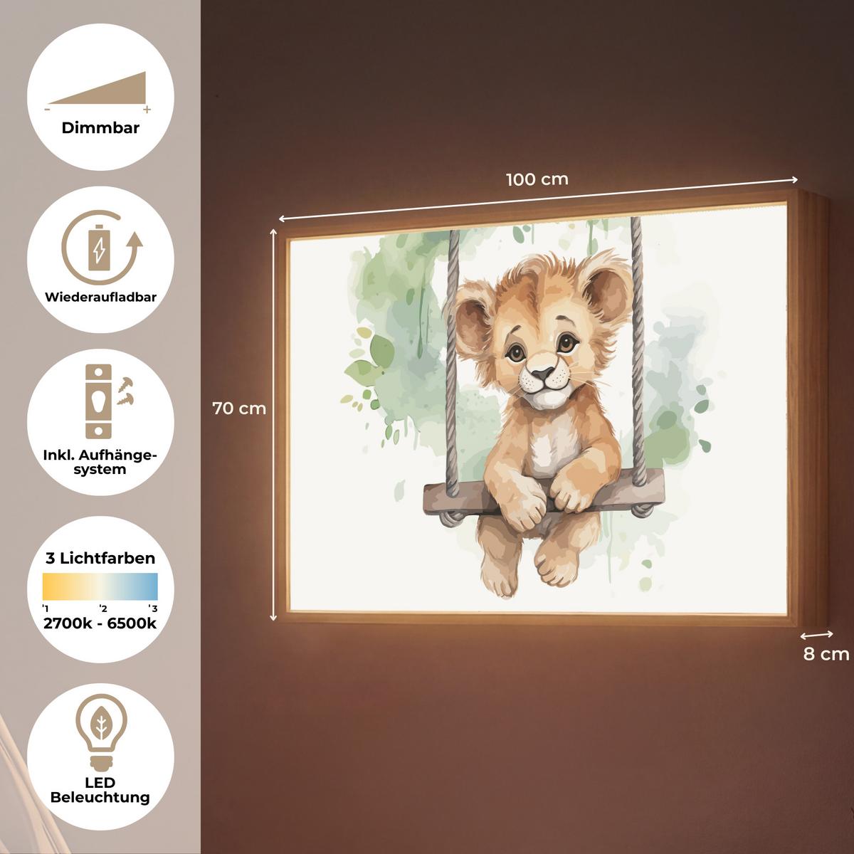 NACHTTISCHLAMPE MIT AKKU Löwe - Tier - Kinder - Dschungel 100x70 cm - Weiß, Holzwerkstoff (8/100/70cm) - OnlyWow