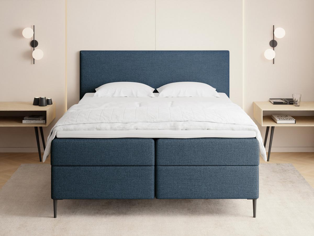 BOXBETT Alba Rise mit Bettkasten, Dunkelblau Chenille 180x200 cm – inkl. H4 Taschenfederkern Matratze & Foam Topper - Schwarz/Dunkelblau, Holz/Textil (180/200cm) - WFL GROUP
