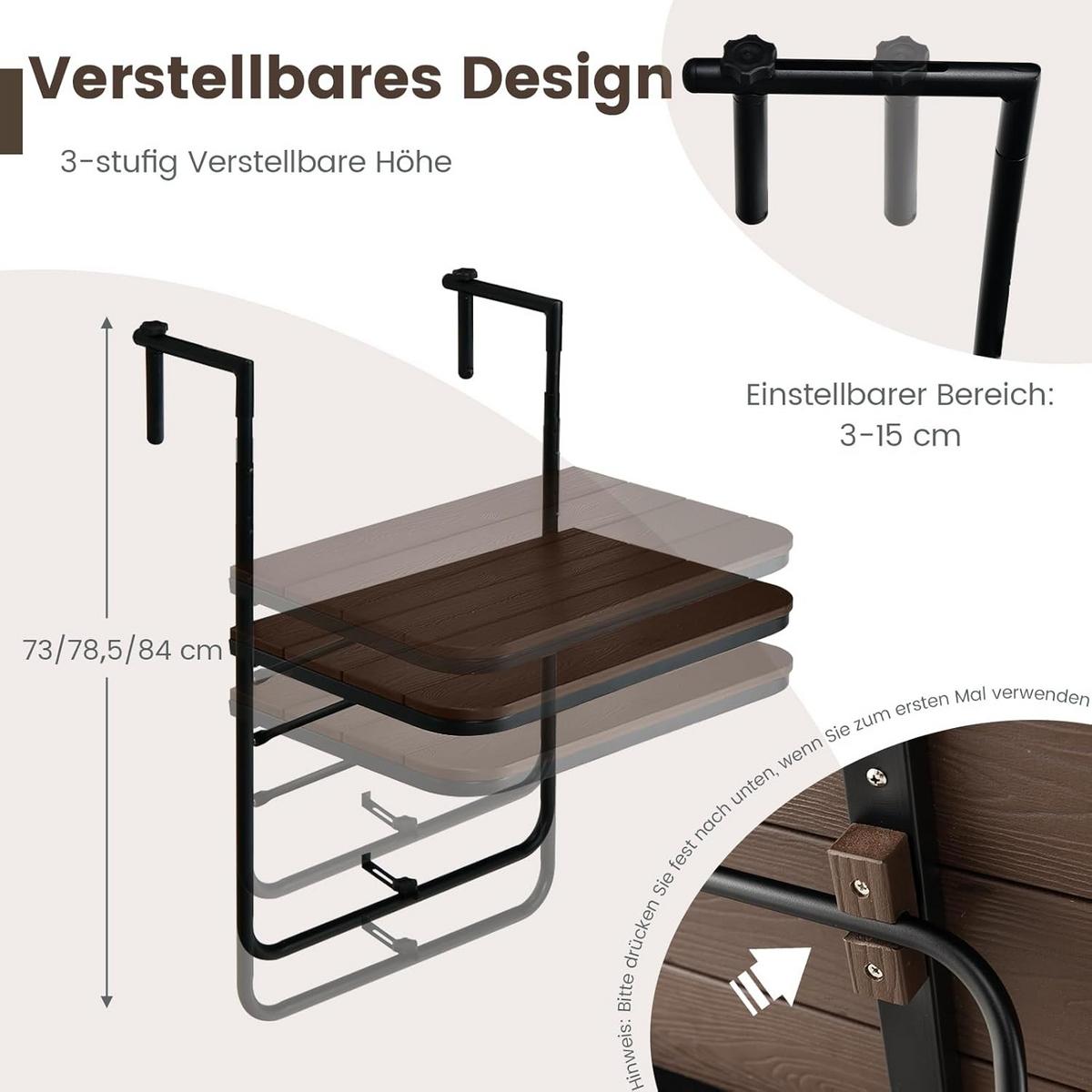 BALKONHÄNGETISCH Kaffee - Braun, Kunststoff (40/60/84cm) - COSTWAY