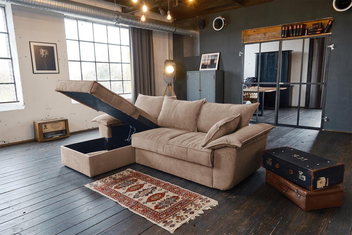 ECKSOFA DAMETO Braun Cord Mit Schlaffunktion - Schwarz/Braun, Kunststoff/Textil (266/174cm) - KAWOLA
