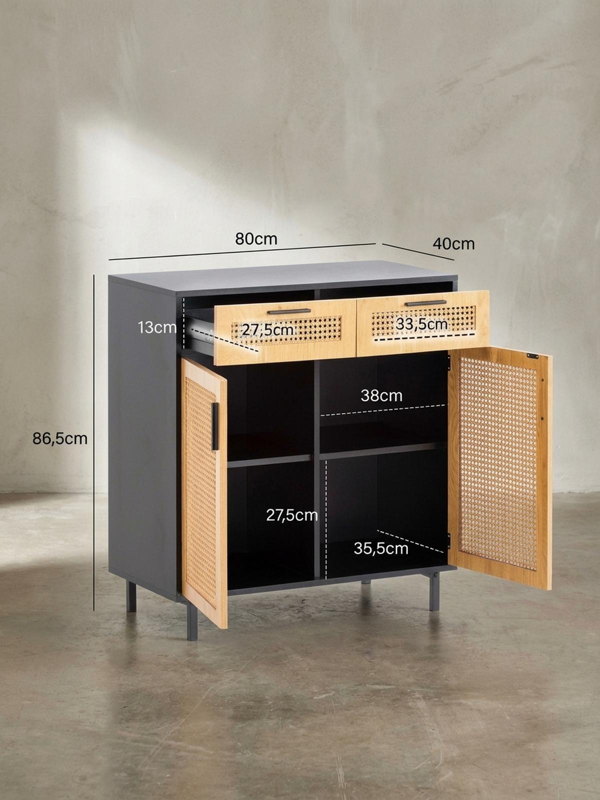 SIDEBOARD – Schwarz, 80x86,5x40 cm, mit Wiener Geflecht, 2 Türen, Schubladen, hoch - Schwarz, Holzwerkstoff/Metall (80/87/40cm) - KADIMA DESIGN