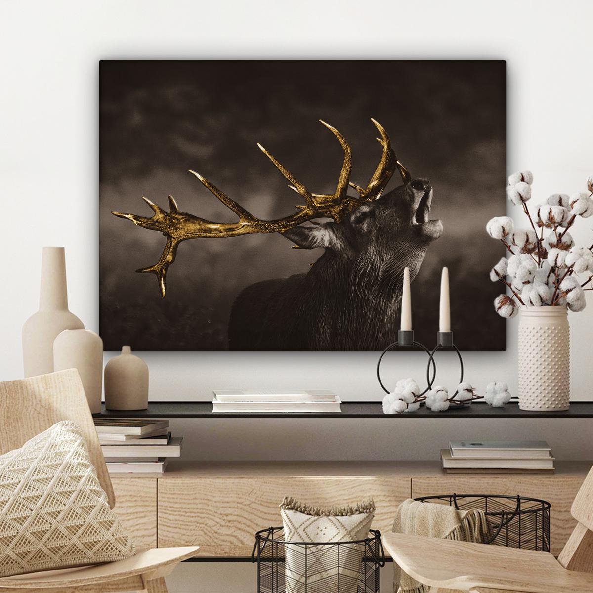 LEINWANDBILD Rotwild - Schwarz - Gold Wandbilder 80x60 cm - Braun, Textil (80/60cm) - MuchoWow