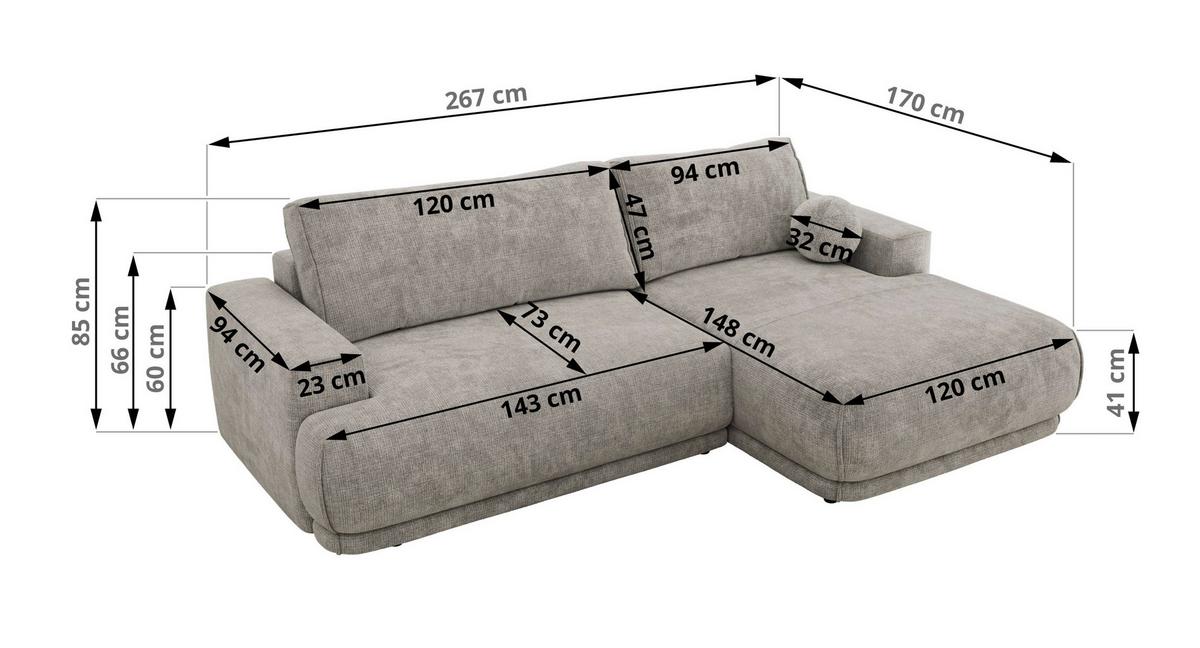 ECKSCHLAFSOFA RINA L Hellgrau Schenille grob gewebt - links - Hellgrau/Schwarz, Kunststoff/Textil (267/170cm) - MKS