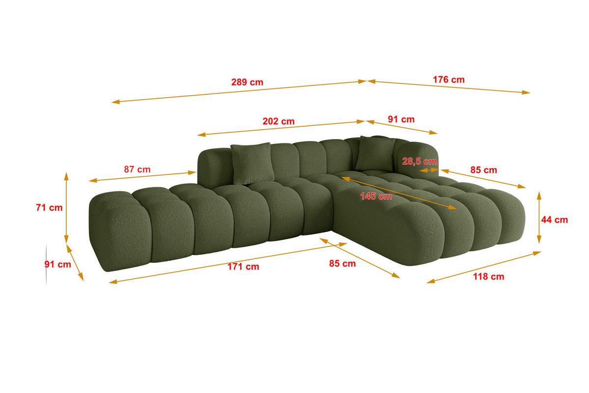 ECKSOFA Ottomane Rechts OLEA-L2 - 289x176x71 cm Grün - Platinfarben/Schwarz, Holzwerkstoff/Kunststoff (289/176cm) - ALTDECOR