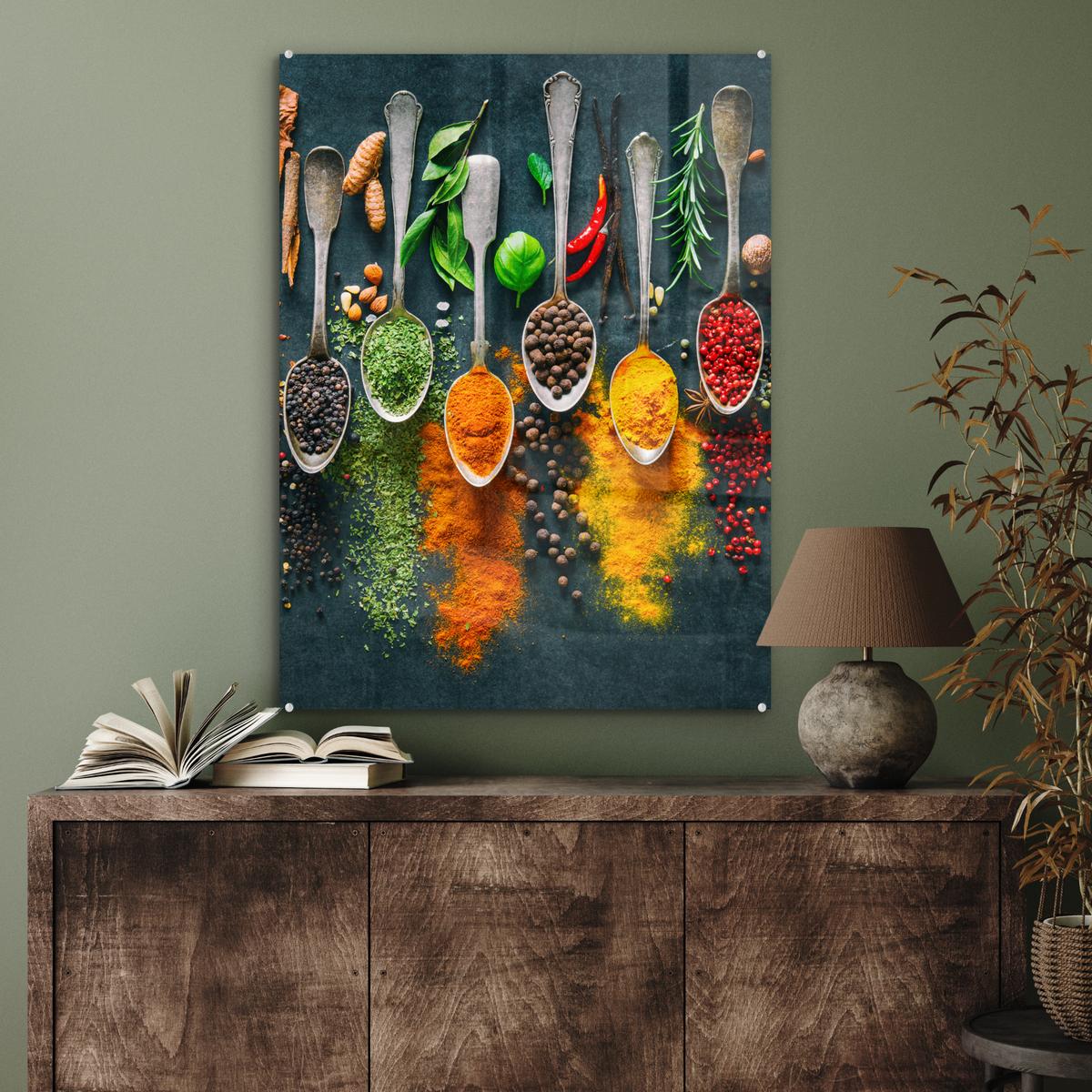 ACRYLGLASBILD Kräuter - Gewürze - Löffel 60x80 cm - Currygelb, Glas (60/80cm) - MuchoWow