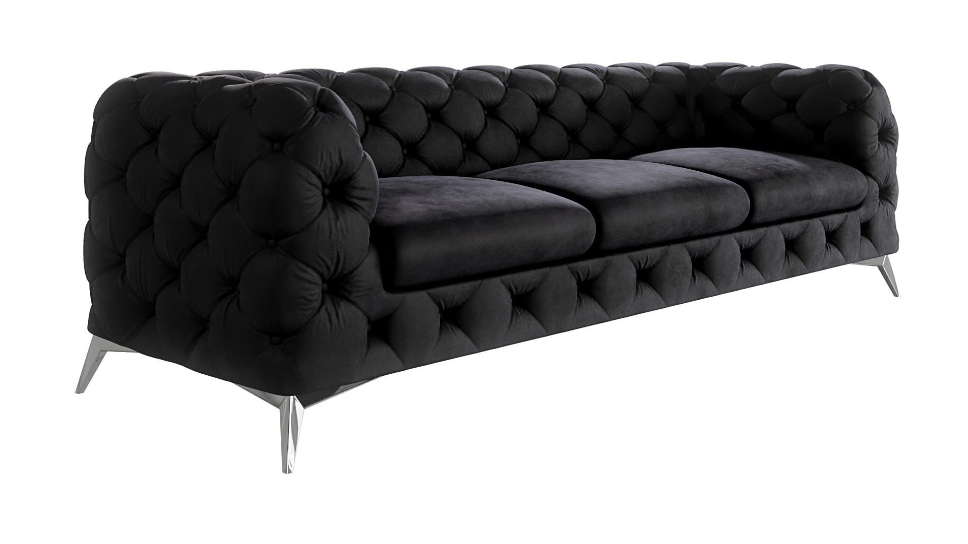 CHESTERFIELD-SOFA 3-Sitzer Laura Schwarz Samt - Silberfarben/Schwarz, Holz/Textil (243/75/100cm) - S-Style Möbel